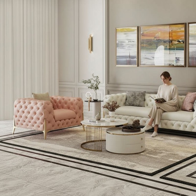 Ensemble de salon Design Canapé Chesterfield en cuir avec revêtement d'assise en cuir 2 pièces