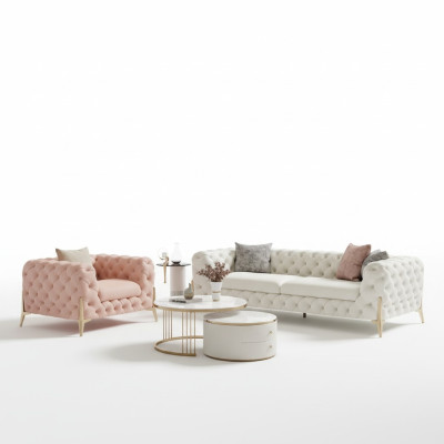 Ensemble de salon Design Canapé Chesterfield en cuir avec revêtement d'assise en cuir 2 pièces