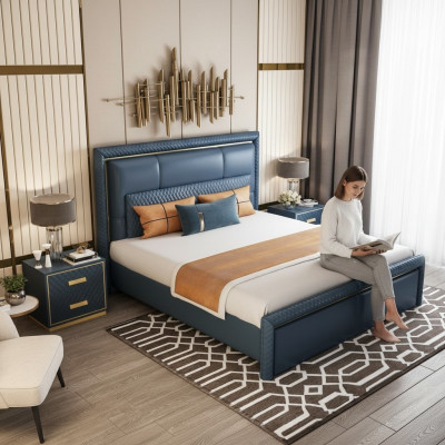 Ensemble de chambre à coucher Lit 2x Table de chevet 3 pièces Design Moderne de Luxe Bleu Or