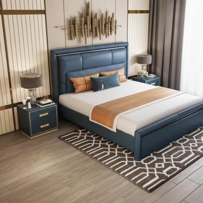 Ensemble de chambre à coucher Lit 2x Table de chevet 3 pièces Design Moderne de Luxe Bleu Or