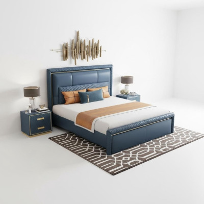 Ensemble de chambre à coucher Lit 2x Table de chevet 3 pièces Design Moderne de Luxe Bleu Or