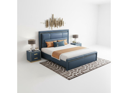 Ensemble de chambre à coucher Lit 2x Table de chevet 3 pièces Design Moderne de Luxe Bleu Or