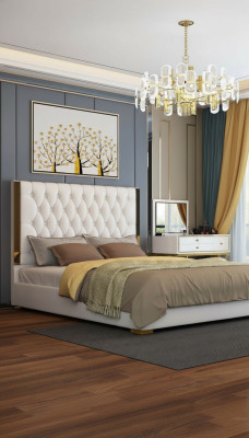 Lit double en cuir moderne, chambre avec un lit pour deux personnes.