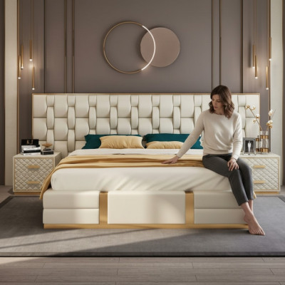 Conception de literie de lit de luxe beige double de luxe de lit d'hôtel nouveau