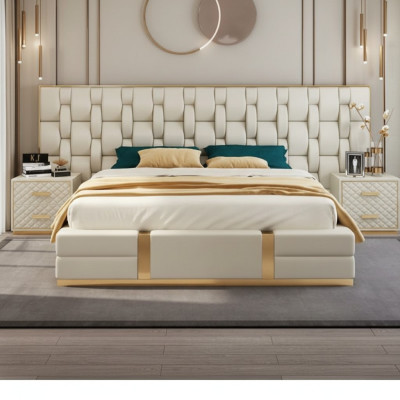 Conception de literie de lit de luxe beige double de luxe de lit d'hôtel nouveau