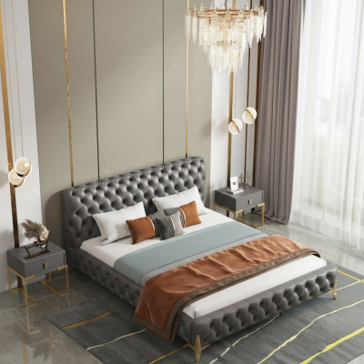 Lit 2x Table de chevet 3 pcs Ensemble de chambre à coucher Design Moderne Ensemble de chambre à coucher de luxe