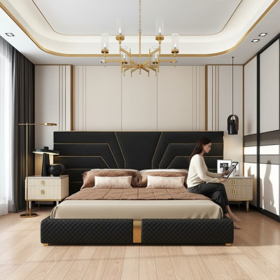 Lit design Lits Lit rembourré Lit en métal Or 180x200 Lit double