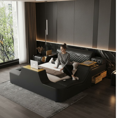 Lit en cuir de luxe double avec massage sur la tête de lit. Lits rembourrés pour hôtels modernes avec bluetooth.