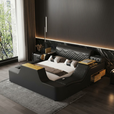 Lit en cuir de luxe double avec massage sur la tête de lit. Lits rembourrés pour hôtels modernes avec bluetooth.