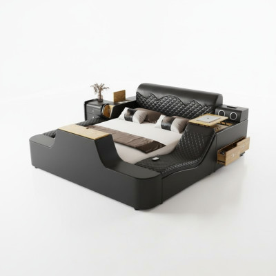 Lit en cuir de luxe double avec massage sur la tête de lit. Lits rembourrés pour hôtels modernes avec bluetooth.