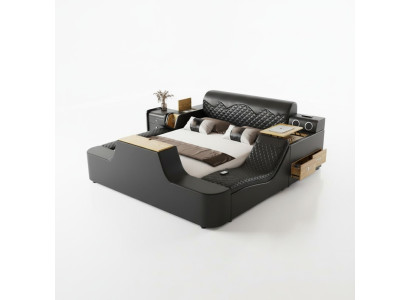 Lit en cuir de luxe double avec massage sur la tête de lit. Lits rembourrés pour hôtels modernes avec bluetooth.