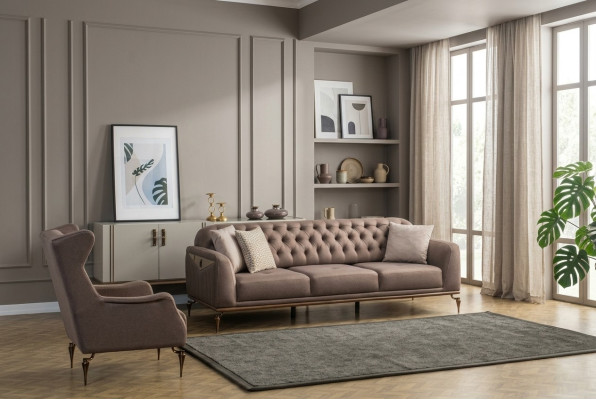 Ensemble de canapés Chesterfield beige pour le salon, composé de 3 et 1 places. Canapé luxueux neuf.