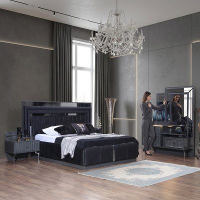 Set de chambre noire Complète de luxe Complet Lit double Tables de chevet 4 pièces