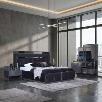 Set de chambre noire Complète de luxe Complet Lit double Tables de chevet 4 pièces