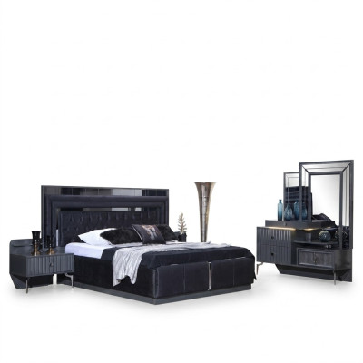 Set de chambre noire Complète de luxe Complet Lit double Tables de chevet 4 pièces