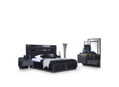Set de chambre noire Complète de luxe Complet Lit double Tables de chevet 4 pièces