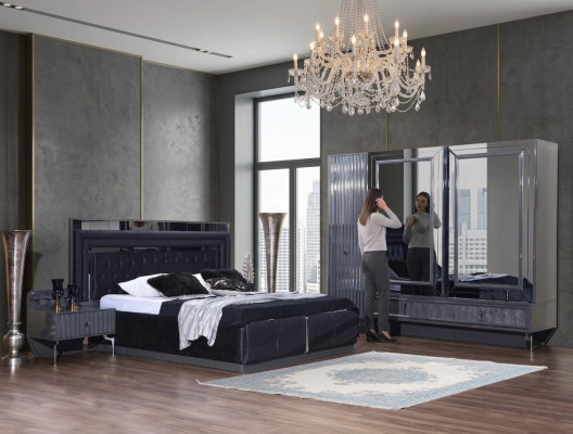 Ensemble de chambre noire Suite de luxe Lit 2x Tables de chevet Armoire
