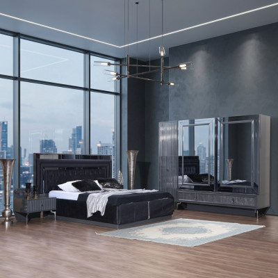 Ensemble de chambre noire Suite de luxe Lit 2x Tables de chevet Armoire