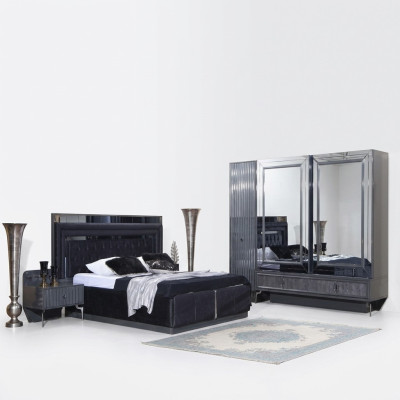 Ensemble de chambre noire Suite de luxe Lit 2x Tables de chevet Armoire