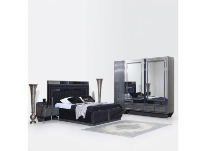 Ensemble de chambre noire Suite de luxe Lit 2x Tables de chevet Armoire