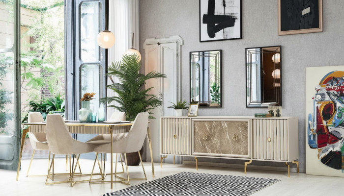 Meubles de salle à manger de luxe Table à manger 6 chaises Buffet Miroir 10 pièces neuf