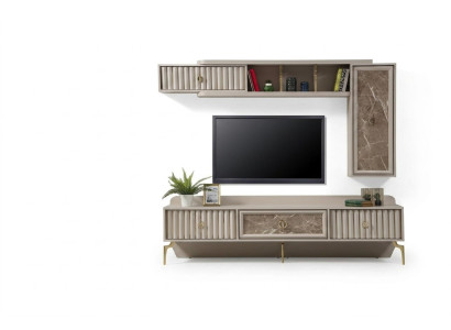 Unité murale moderne de concepteur. Étagères en bois de luxe. Mobilier de salon élégant.