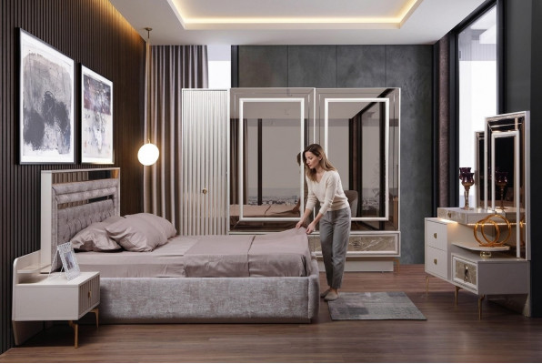 Ensemble de chambre à coucher complet moderne, lit de designer, 2 tables de chevet, 5 pièces.