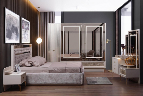 Ensemble de chambre à coucher complet moderne, lit de designer, 2 tables de chevet, 5 pièces.