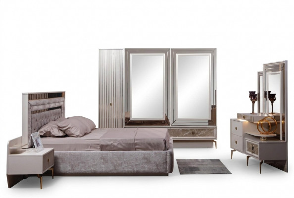Ensemble de chambre à coucher complet moderne, lit de designer, 2 tables de chevet, 5 pièces.