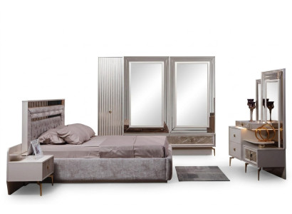 Ensemble de chambre à coucher complet moderne, lit de designer, 2 tables de chevet, 5 pièces.