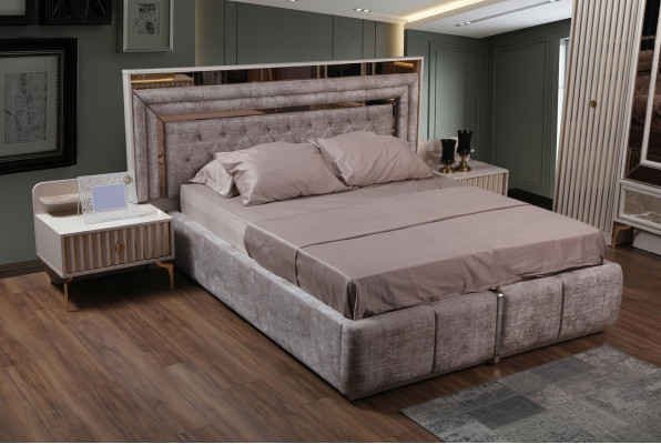 Taupes Ensemble de chambre à coucher Mobilier de designer Lit double Tables de chevet Mobilier en bois