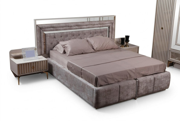 Taupes Ensemble de chambre à coucher Mobilier de designer Lit double Tables de chevet Mobilier en bois