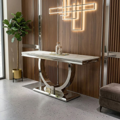 Bahut console en argent, table de luxe en chrome argenté 120x40 cm