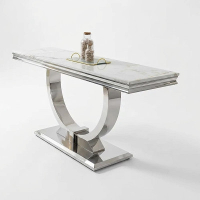 Bahut console en argent, table de luxe en chrome argenté 120x40 cm