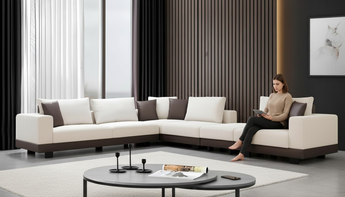 Salle de séjour Canapé d'angle Luxe Canapé en L en tissu Meubles Cadre en bois Élégant