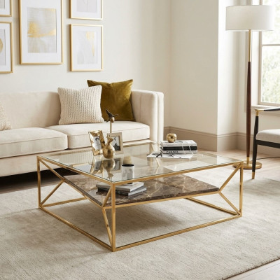Table basse en marbre moderne pour le salon en acier inoxydable de luxe avec plateau en verre.