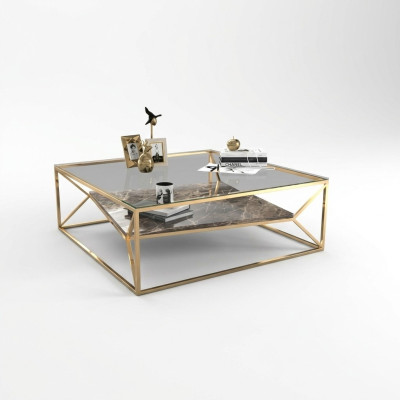 Table basse en marbre moderne pour le salon en acier inoxydable de luxe avec plateau en verre.