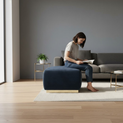 Designer Luxus blauer Hocker mit Edelstahlrand Polsterung Textilmöbel neu