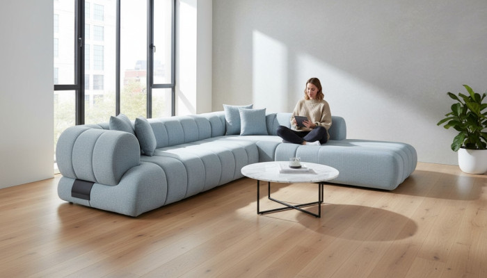 Canapé d'angle en tissu gris L-forme Canapé Designer Rembourrage Cadre en bois