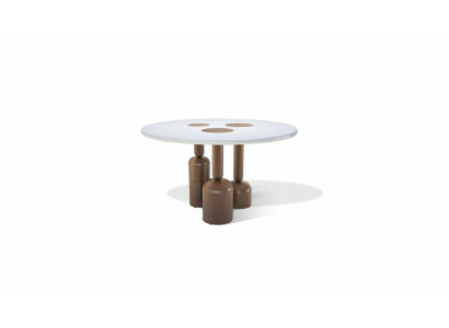 Table ronde de salle à manger de luxe, style de mobilier de designer en verre haut de gamme en acier inoxydable.