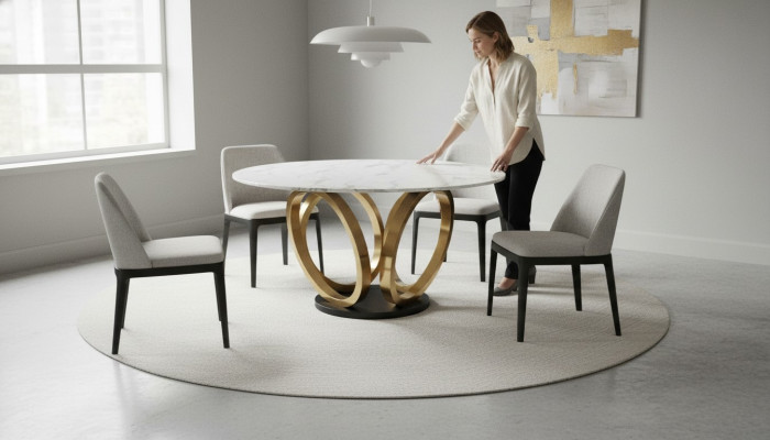Elégante table ronde blanche de salle à manger avec base en acier inoxydable et dessus en marbre.