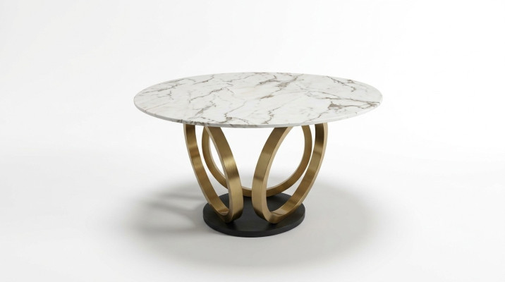 Elégante table ronde blanche de salle à manger avec base en acier inoxydable et dessus en marbre.