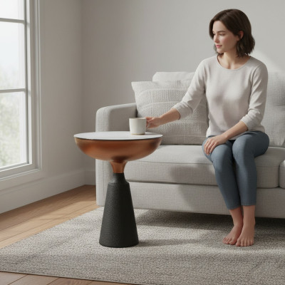 Table d'appoint ronde élégante conçue par un designer, meuble de salon avec plateau en verre.