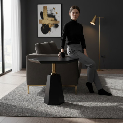 Élégante table d'appoint hexagonale noire pour salon.