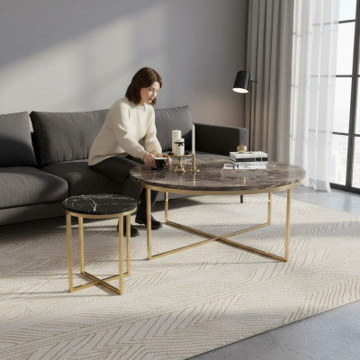 Table basse ronde de luxe avec table d'appoint en acier inoxydable par un designer, ensemble de tables
