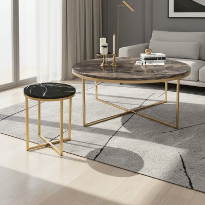 Table basse ronde de luxe avec table d'appoint en acier inoxydable par un designer, ensemble de tables