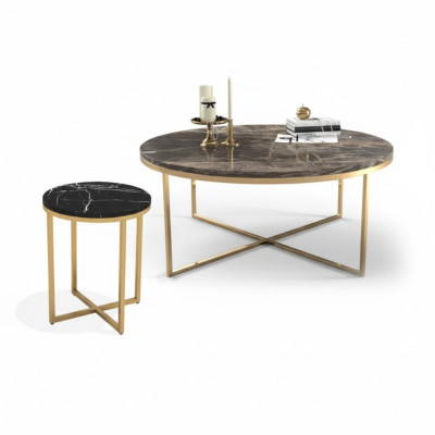 Table basse ronde de luxe avec table d'appoint en acier inoxydable par un designer, ensemble de tables