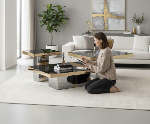 Ensemble de table basse carrée de luxe avec 3 tables d'appoint - Meubles de salon