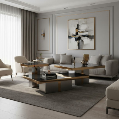 Ensemble de table basse carrée de luxe avec 3 tables d'appoint - Meubles de salon