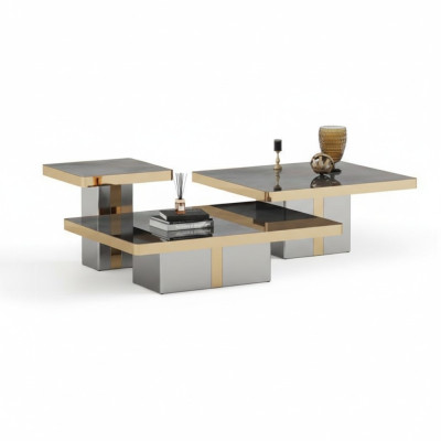 Ensemble de table basse carrée de luxe avec 3 tables d'appoint - Meubles de salon